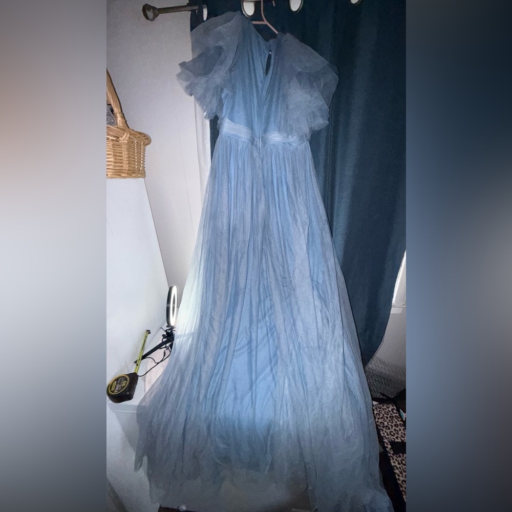 Faeriesty Fairy Dress – Elegant Blue Maternity V-Neck Midi Ruffle Sleeves & Slit - Picture 5 of 16